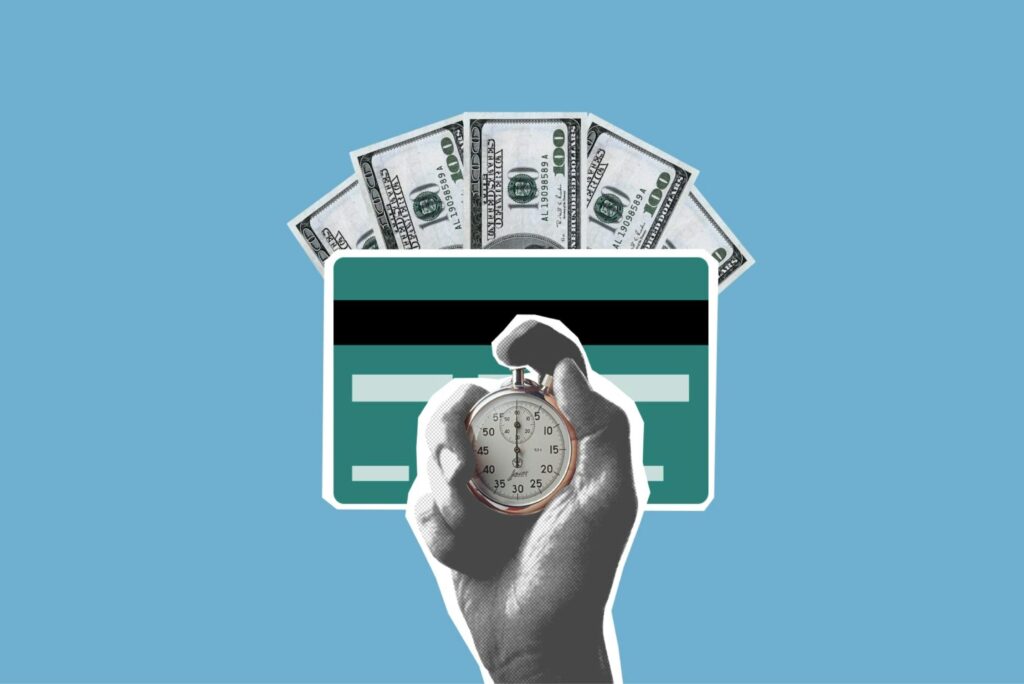 Cut out paper composition of stopwatch in hand of man waiting for money credited to credit card on blue background