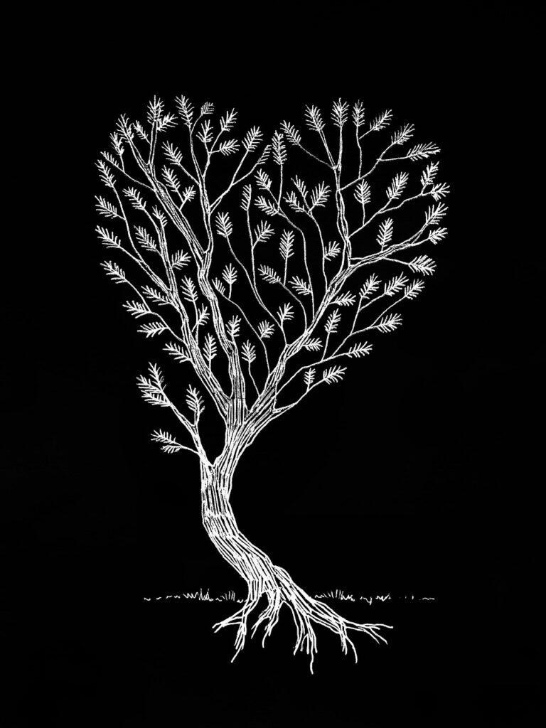 tree, heart, crown, love, symbol, postcard, valentine, art, nature, line art, sketch, drawing, black and white